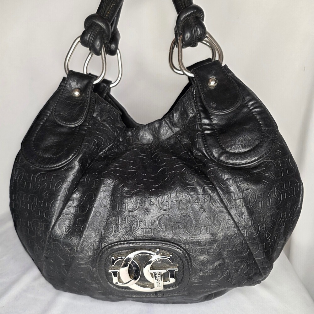 Vintage Y2K Guess Monogram Embossed Black Slouchy Hobo Shoulder Bag Silver Logo